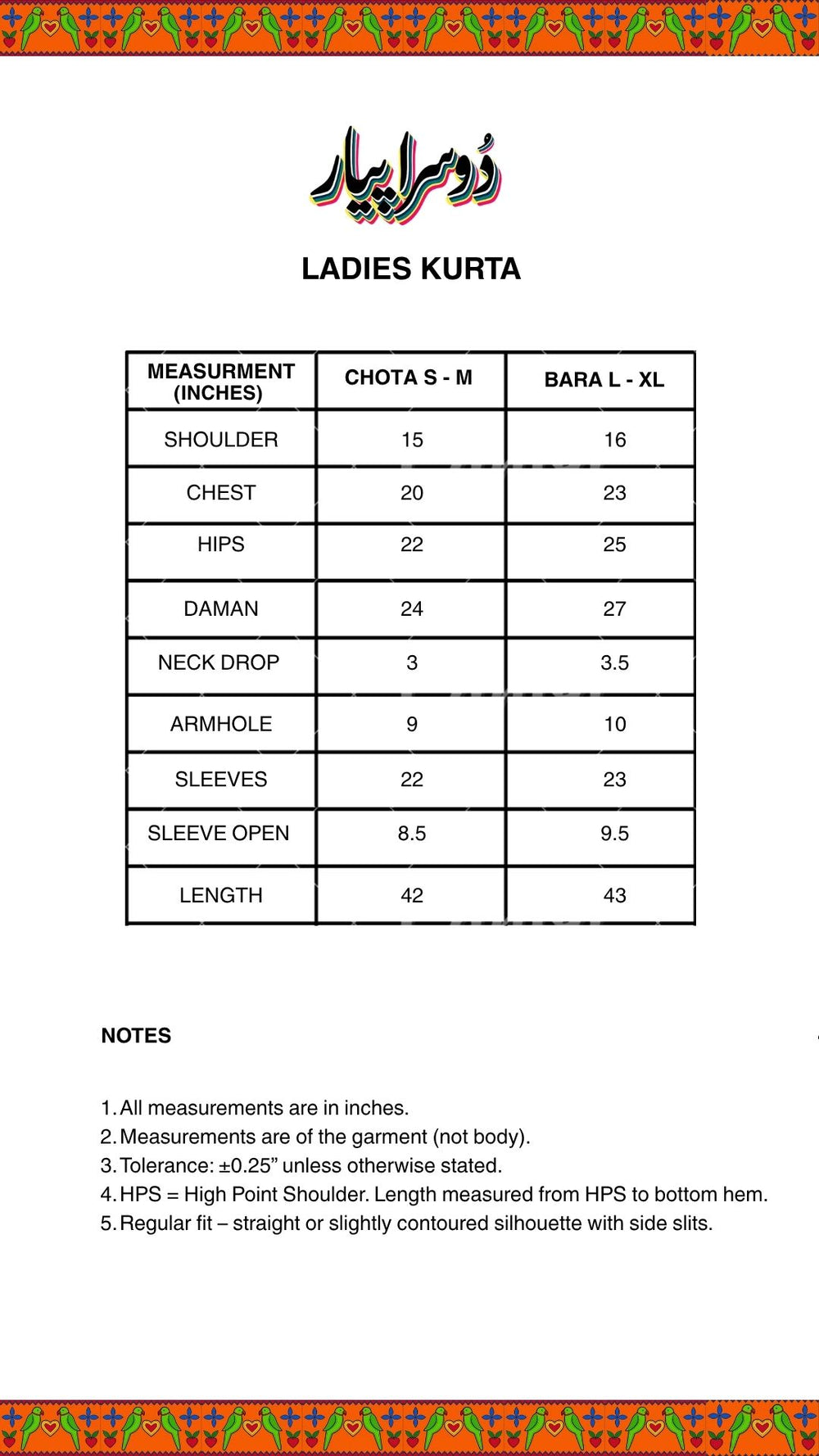 Size Chart for SHARBAT KURTA