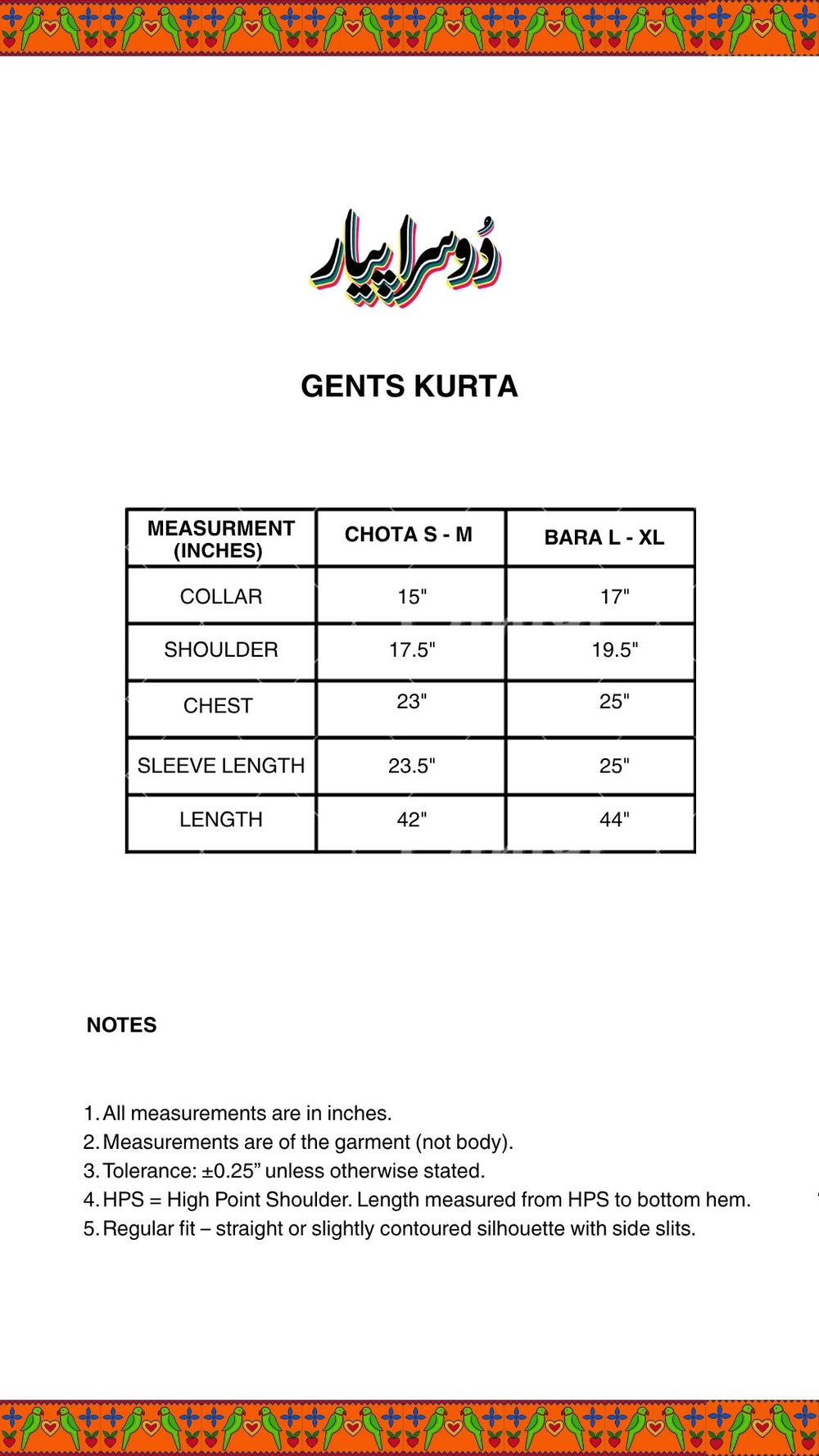 Size Chart for PHOOL KURTA